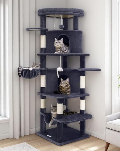 Globlazer Corner Cat Tree for Large Cats, 66inch Tall Curved Series Large Cat Tower for Multiple Indoor Cats with 6 Scratching Posts, 2 Spacious Cat Condos, Hammock, Hanging Basket, C66, Beige
