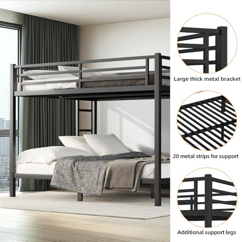 Twin XL Over Twin XL Bunk Bed, Metal Bunk Bed Frame Heavy Duty Bunk Beds Loft Bed Frame with Ladder and Guardrail Metal Slats No Box Spring Required for Adults Teens, Black