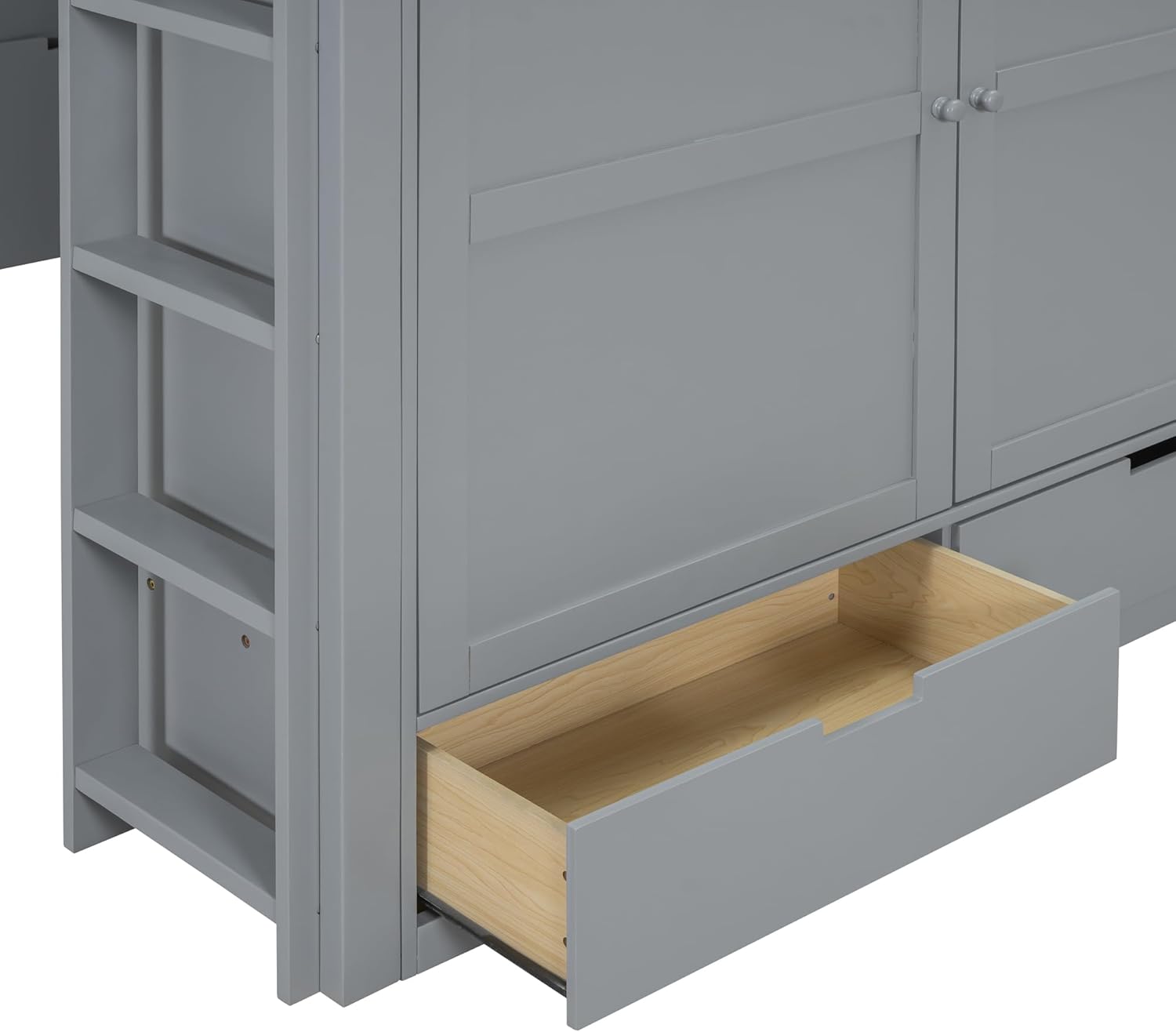 Full Size Loft Bed with Built-in Wardrobe and Underbed Study Desk, Modular Design Wood Loft Bed w/Storage Shelves, Ladder and Safety Guardrail for Kids Teens, No Box Spring Needed, Gray