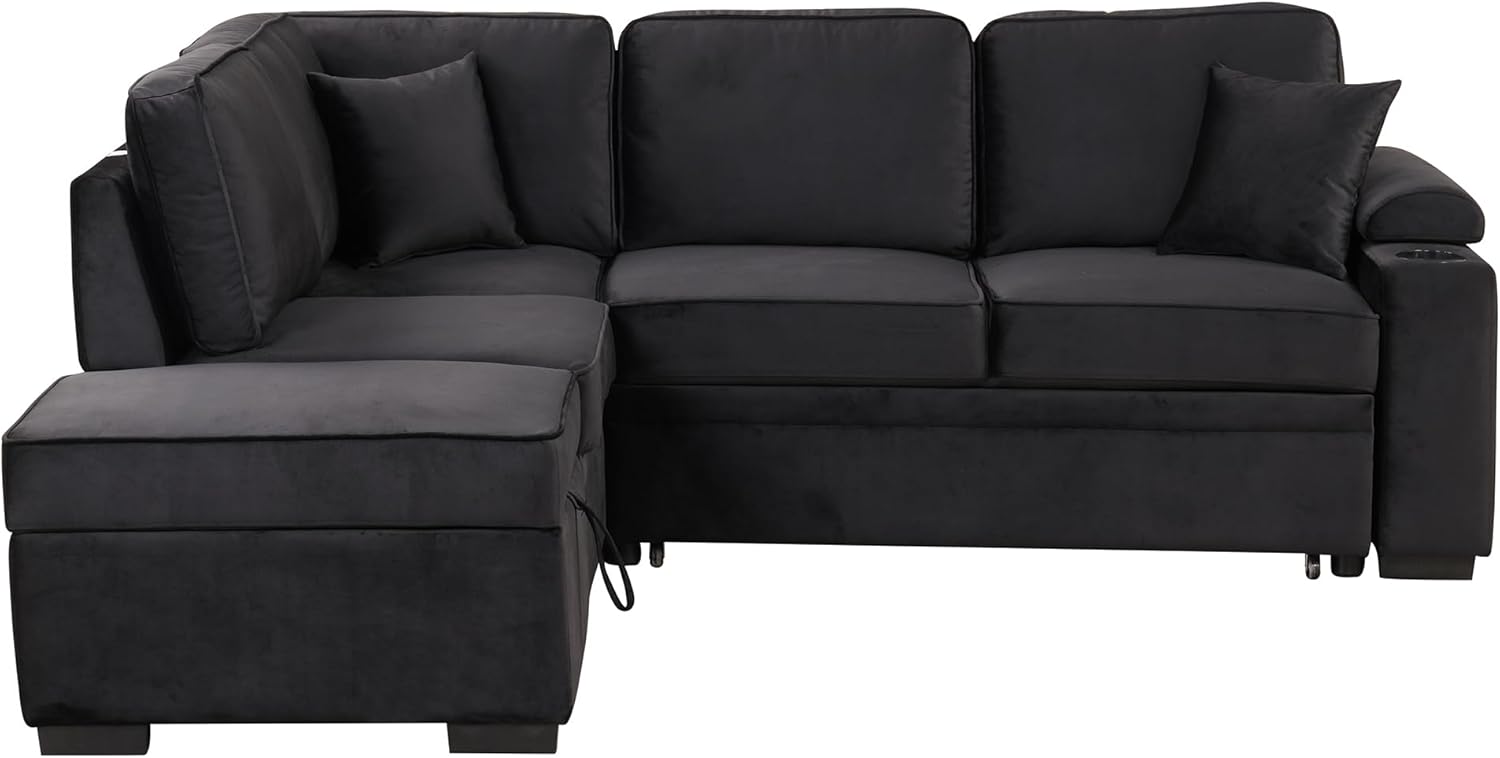 87.4'' Sleeper Sofa Bed,2 in 1 Pull Out Sofa Bed L Shape Couch with Storage Ottoman for Living Room,Bedroom Couch and Small Apartment, Black