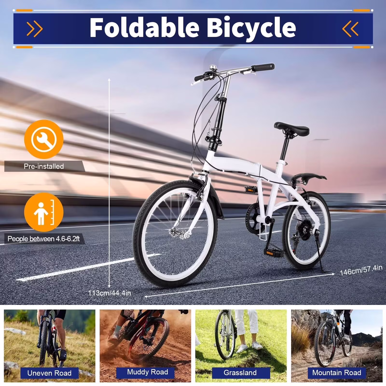 OUKANING 20" White Folding Bike Height Adjustable Foldable City Bike for Adult Commute Bicycle 6 Speed Gears with Mudguard