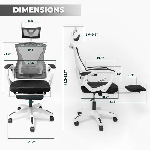 Ergonomic Office Chair w/Reclining High Back Adjustable Headrest Foot Rest & Wheels - Comfortable Mesh Chair for Lumbar Support - Swivel & Tilt Function Black Frame - Blue mesh