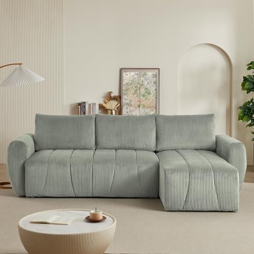 Modular Sectional Sleeper Sofa with Storage, Convertible 3 Seat L Shape Sectional Couch with Reversible Chaise, Modern Upholstered Corduroy Sleeper Couch with Pullout Bed for Living Room (Light Grey)