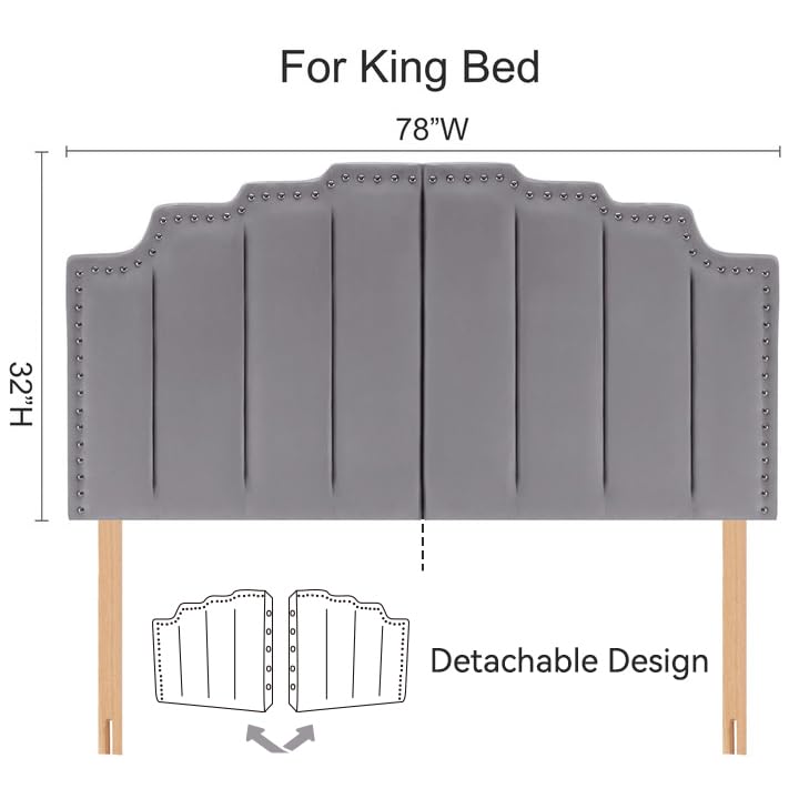 Kingfun Mid Century Headboard for King Size Bed, Velvet Upholstered Tufted Bed Headboard with Nailhead Decor, Adjustable Curved Solid Wood Head Board with Vertical Channel Design in Grey