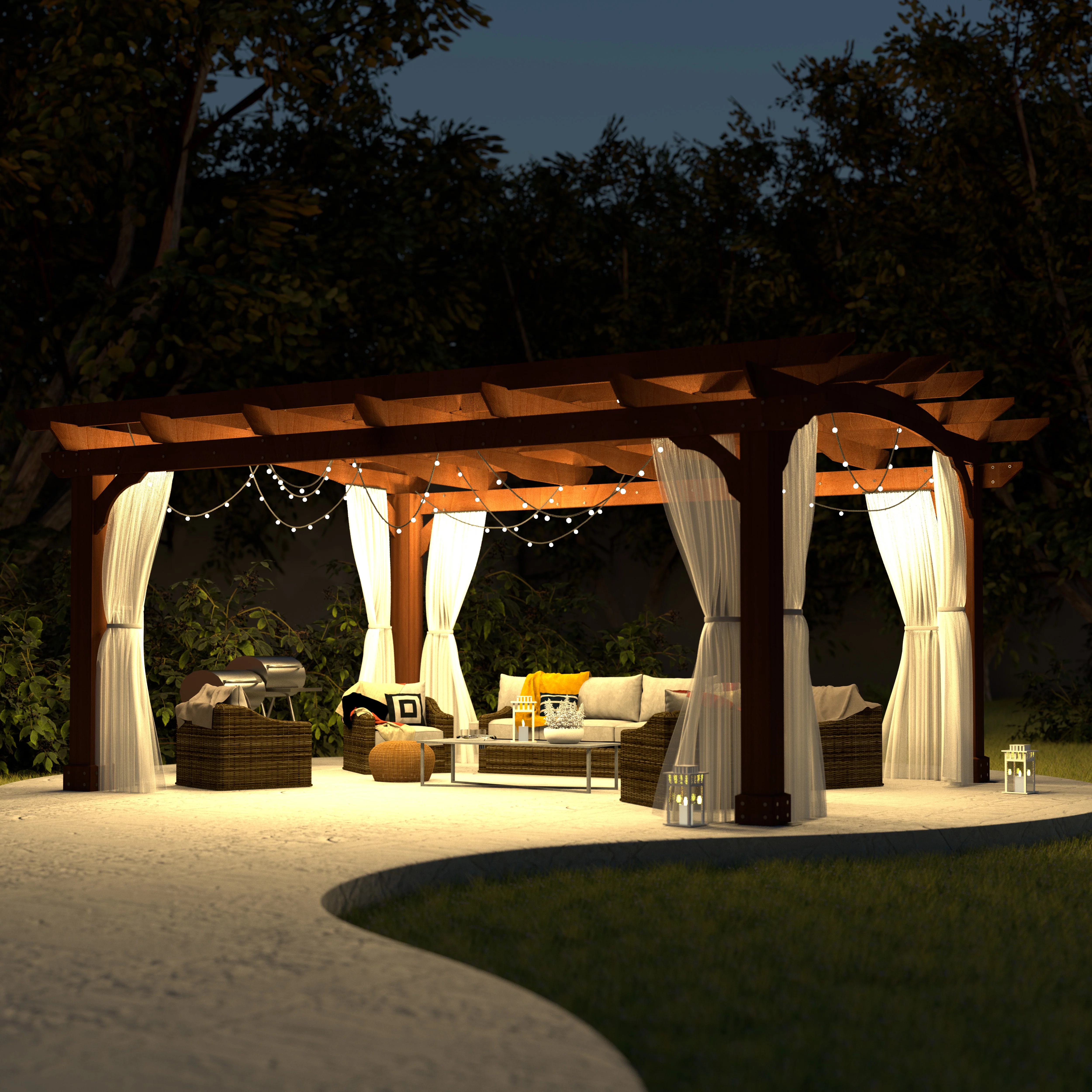 VEIKOUS 12' x14' Cedar Wood Pergola w/ Arched Roof and Ground Stakes for Outdoor Patio, Garden, Deck