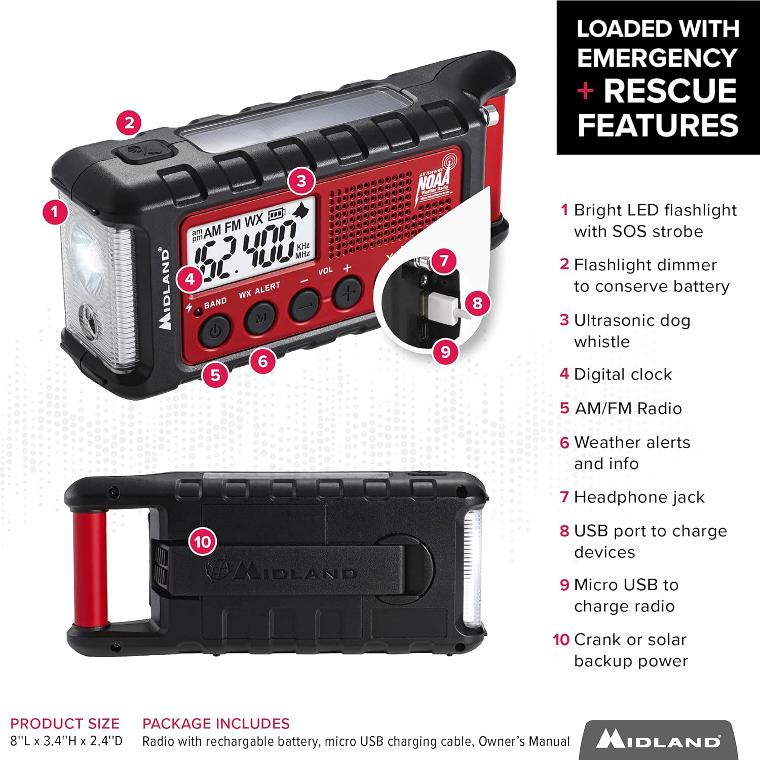 Midland - ER310, Emergency Crank Weather AM/FM Radio - Multiple Power Sources, SOS Emergency Flashlight, Ultrasonic Dog Whistle, & NOAA Weather Scan + Alert (Red/Black) Pack of 2