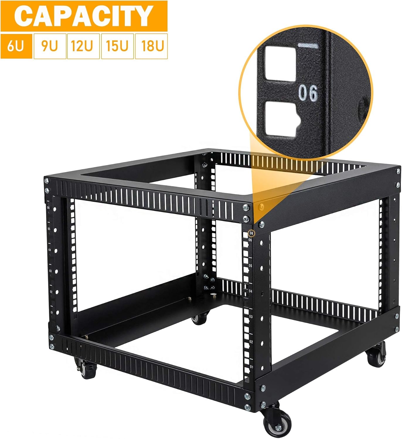 RIVECO 9U Open Frame Server Rack with Casters- Heavy Duty 4 Post Quick Assembly 19-inch, Stereo Rack Network Cabinet Black