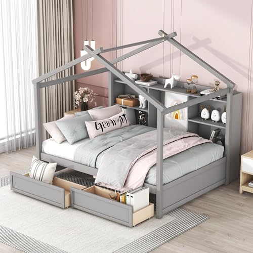 Full Size House Bed with Twin Size Trundle and Storage, Montessori Bed Wood Playhouse Bed Frame,Wooden Kids Bed Frame with Roof Design (White/Full Size House Bed-002)
