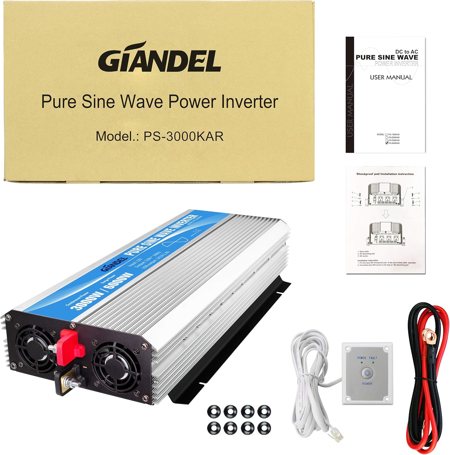 GIANDEL 2200W Pure Sine Wave Power Inverter 12V DC to 110V 120V AC with 20A Solar Charge Control and Remote Control&LED Display and Dual AC Outlets &1x2.4A USB Port for RV Truck Car Solar System
