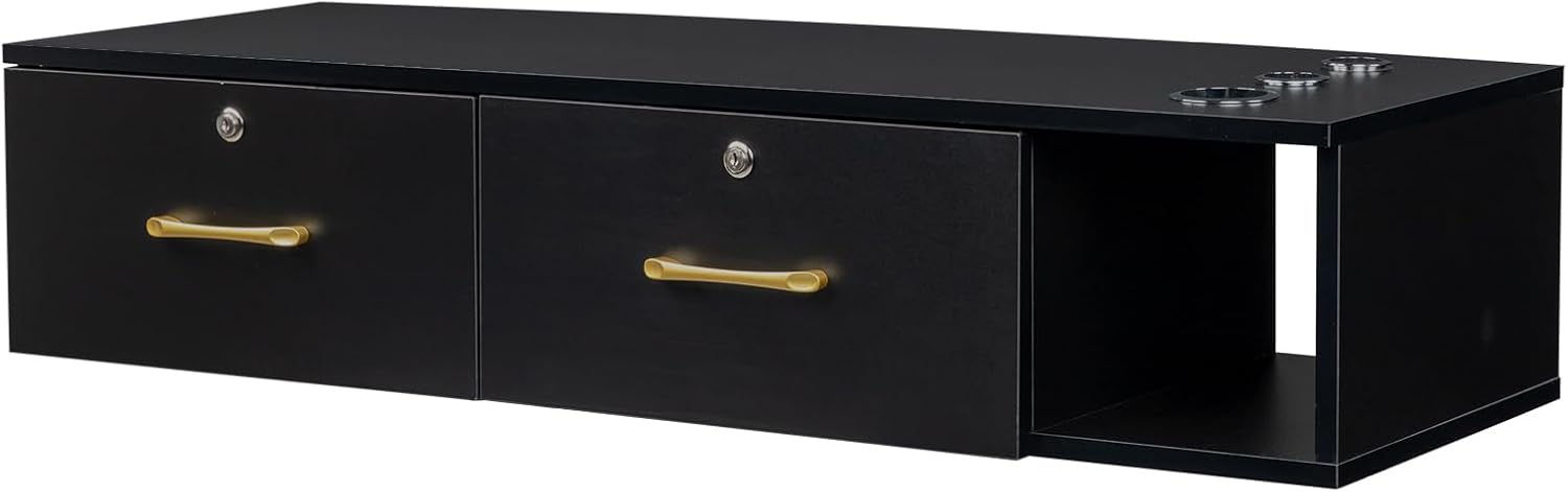 Black Wall Mount Station with Drawers Storage Beauty Salon Spa Equipment, Salon Cabinet Storage for Barbershop Beauty Spa Salon, Barber Table Salon Station Wood Beauty Salon Spa Storage Cabinet Table
