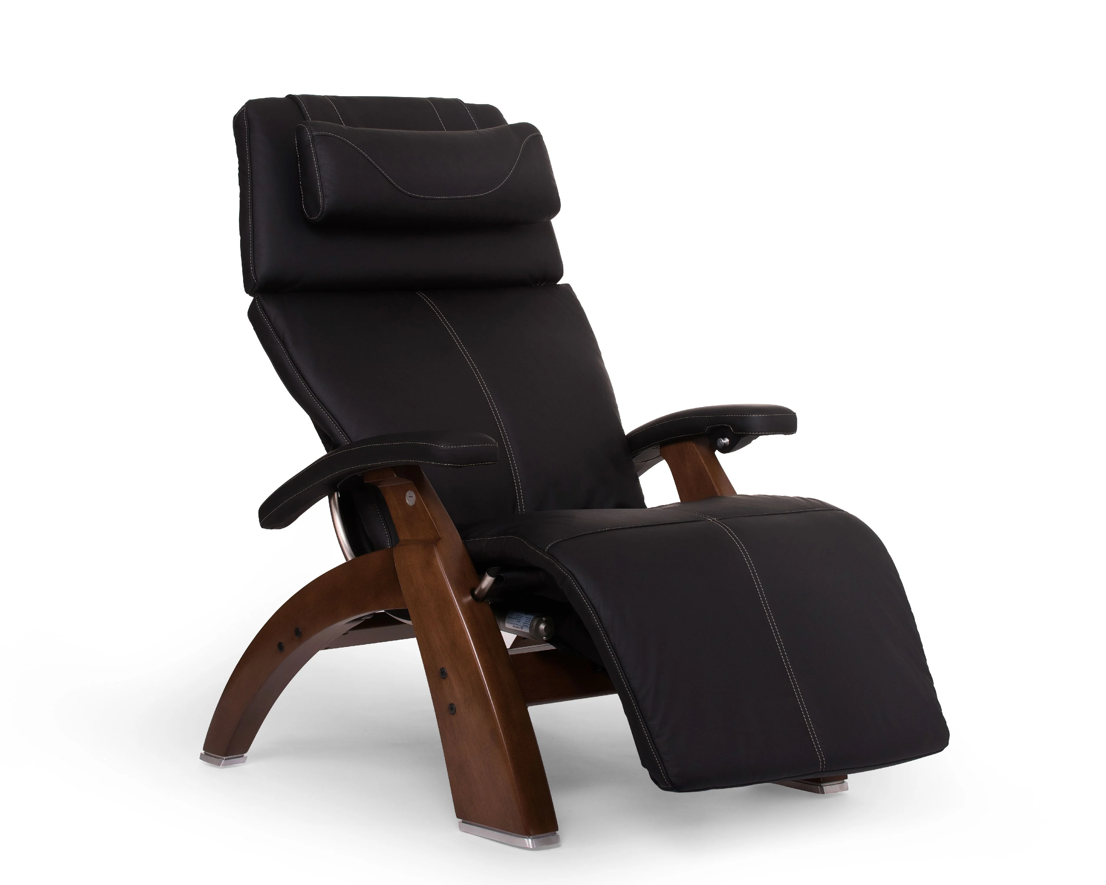Human Touch PC-600 Omni Motion Silhouette Perfect Chair Series 2 Power Recline Walnut Wood Base Zero-Gravity Recliner - Black Top-Grain Leather