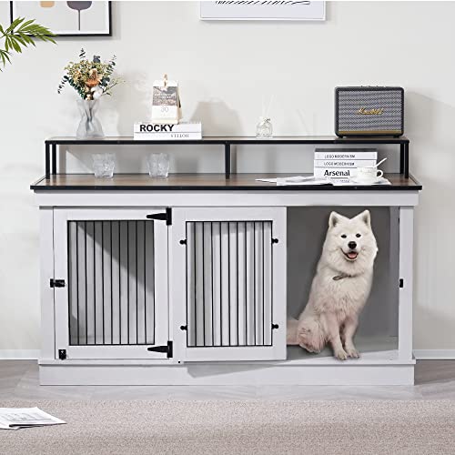 MCombo Large Dog Crate Furniture TV Stand, Wooden Dog Kennel with Double Doors, Indoor Furniture Style Dog Crate House End Table, 1861 (Brown)