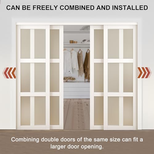 Double Sliding Closet Door, 96" × 80"(Double 48" × 80"), Double Frosted 5 Panel Glass Sliding Door, Hardware Include, Pre-Drilled Door Panel Need to Assemble, MDF, White