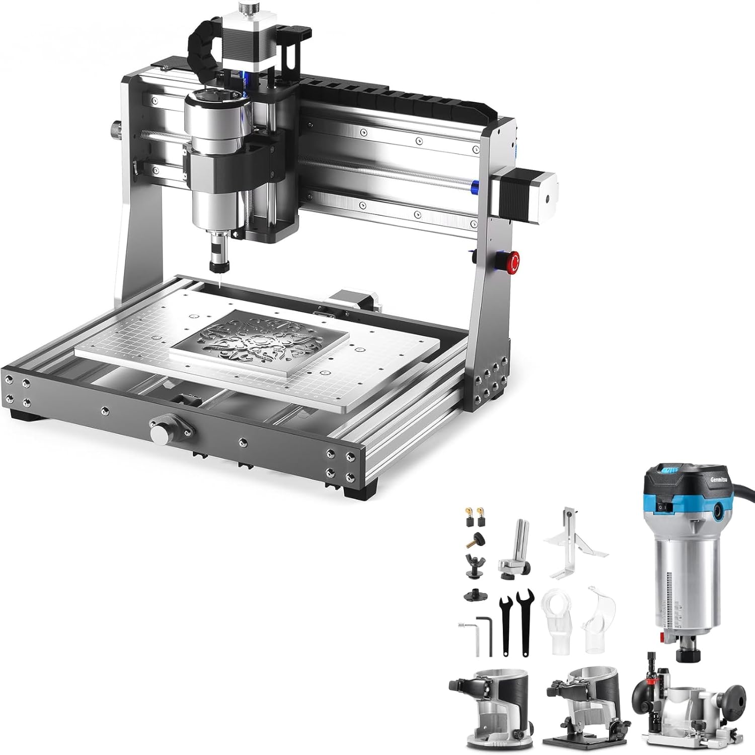 Genmitsu 3020-PRO MAX V2 CNC Router Machine + Compatible 1.25HP 65mm Diameter Palm Trimmer Router Kit with Fixed Base Plunge Base Tilt Base