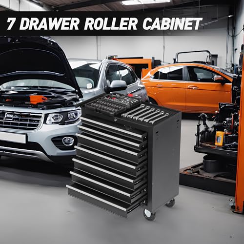 7-Drawer Rolling Tool Chest with Wheels, Heavy Duty Steel Tool Cart for Garage & Workshop, Lockable Storage Cabinet with Brake Casters & Ball Bearing Drawers, Black
