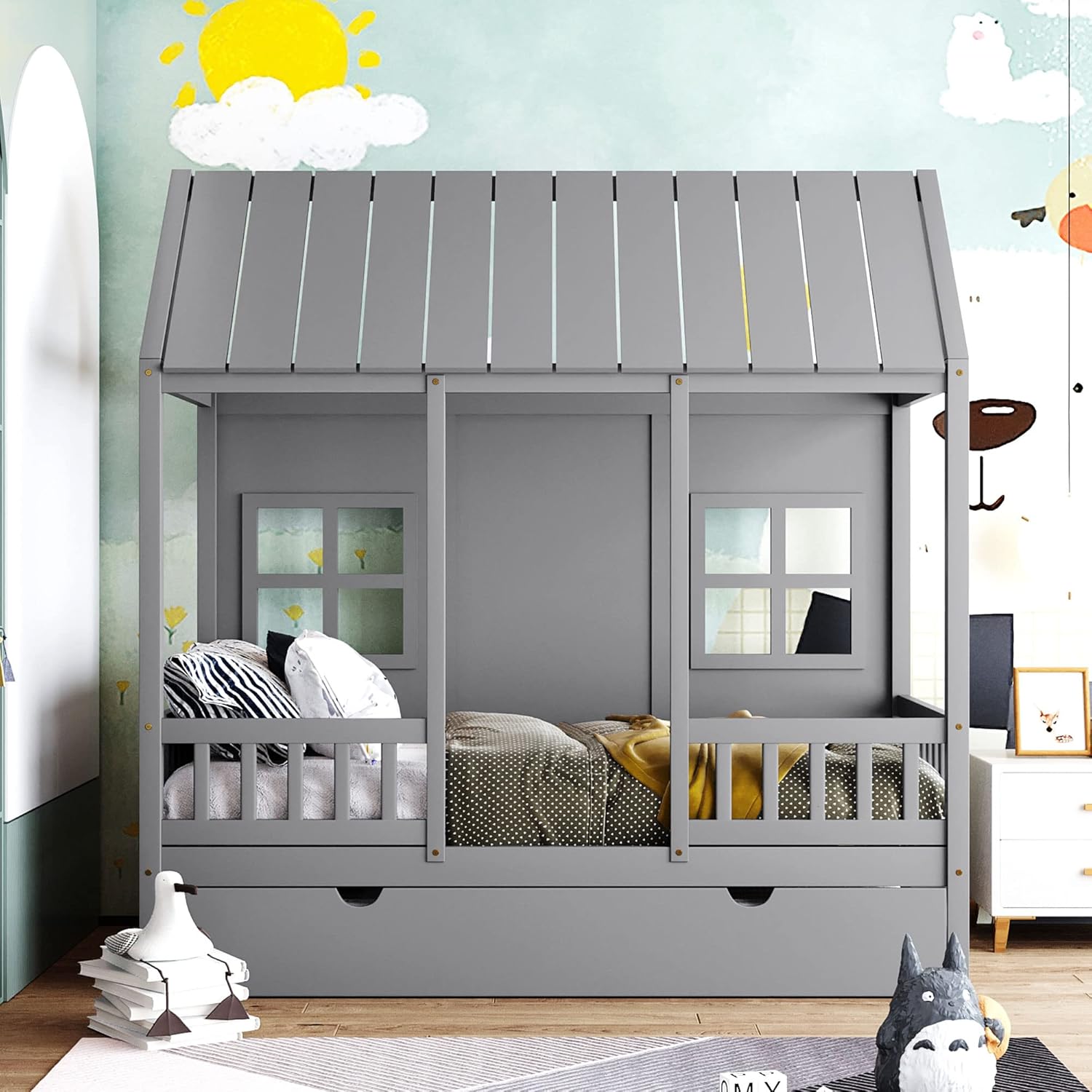 Twin Size House Bed with Twin Trundle, Wooden House-Shaped Daybed with 2 Windows and Safety Full-Length Guardrails for Kids Boys Girls Bedroom, A Beautiful Piece for Bedroom, Gray