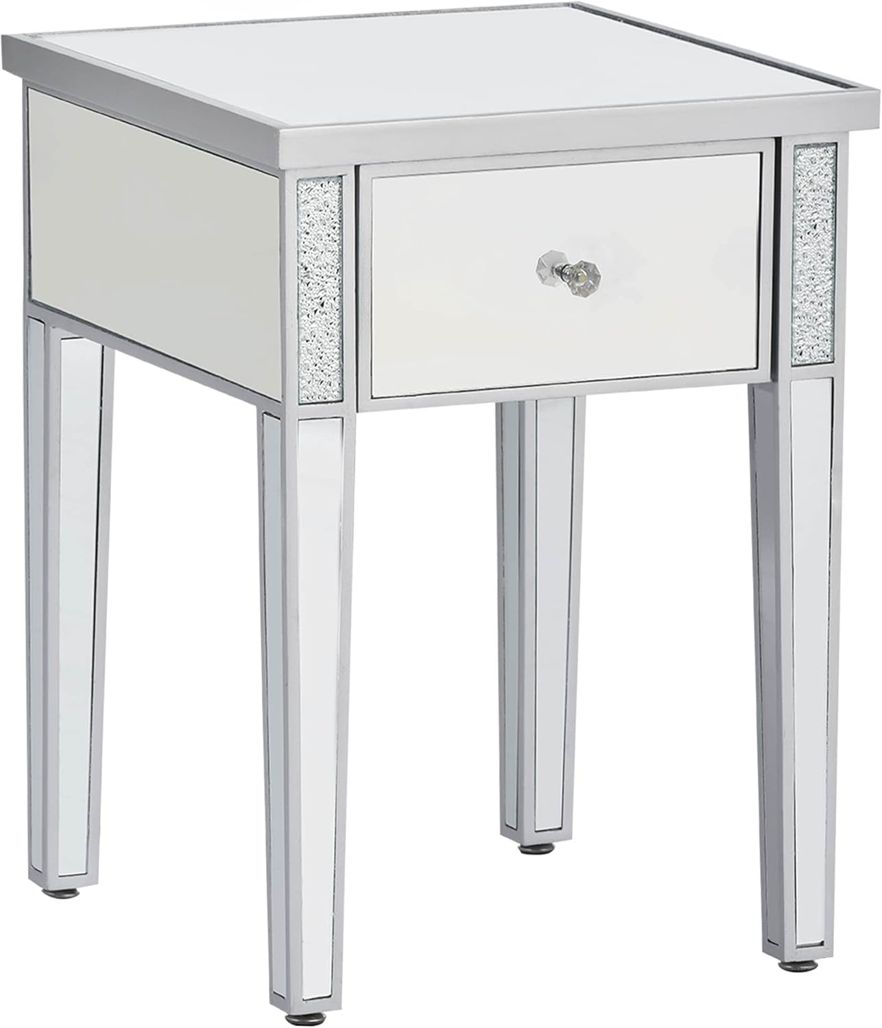 Modern Glass Mirrored End Table with Drawer, Corner Table with Crystal Handles and Adjustable Height Legs for Living Room, Silver