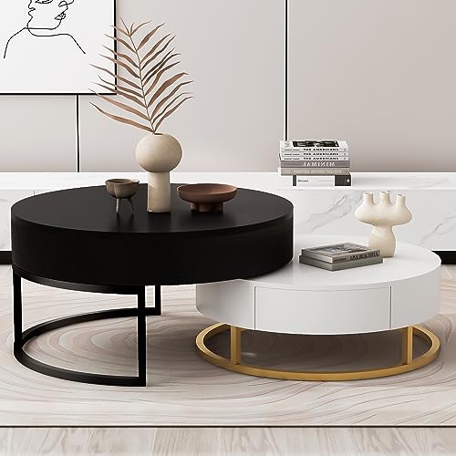 Modern Round Lift-top Nesting Coffee Tables with 2 Drawers for Living Room White & Natural