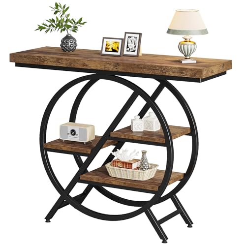 Tribesigns Console Table, 39.4-Inch Entryway Table with Thickened Tabletop, 4- Tier Industrial Narrow Hallway Sofa Table with Geometric Metal Frame for Living Room, Entryway, Rustic Brown