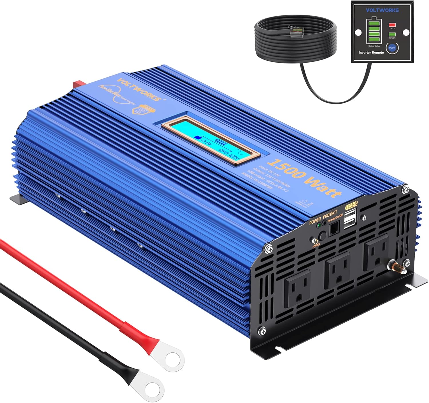 VOLTWORKS 600 Watts Pure Sine Wave Power Inverter 600w DC 12V to AC 110V 120V with Dual 2.4A USB Port & LCD Display Two AC Outlets for Car Truck RV