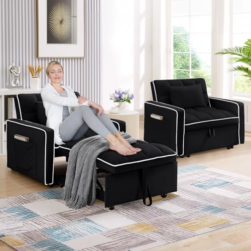 Convertible Sleeper Chair Bed, 3 in 1 Modern Velvet Pull Out Sofa Bed Chair, Small Tufted Single Sleeper Chair with Adjustable Backrest/Pillow for Living Room, Small Spaces, Apartment, Office, Beige