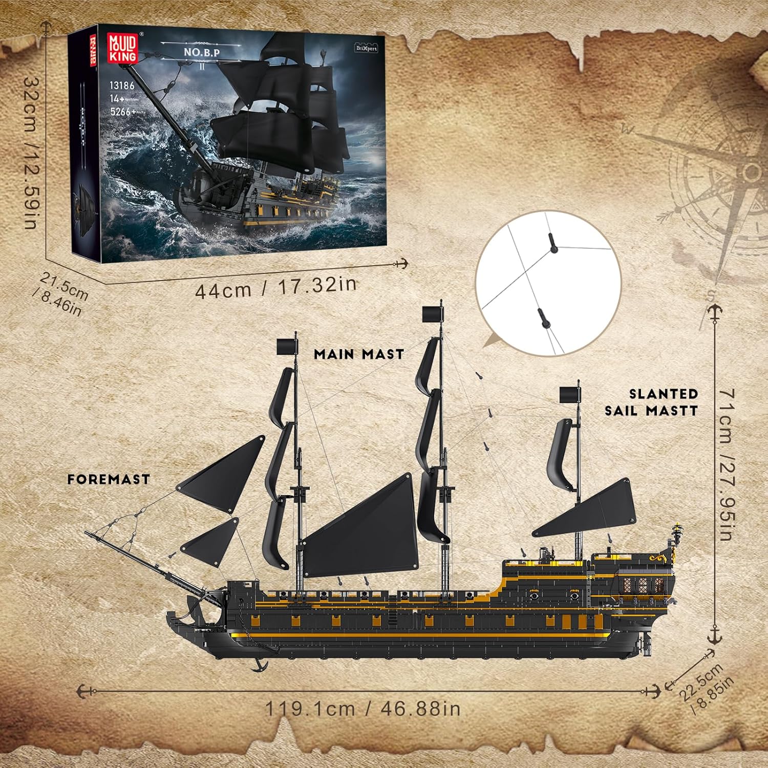 Mould King Large Pirates Ship Model Building Blocks Kits, MOC Black Pearl Sailboat Model Construction Set to Build, Gift for Kids Age 8+/Adults Collections Enthusiasts (5266+ Pieces)
