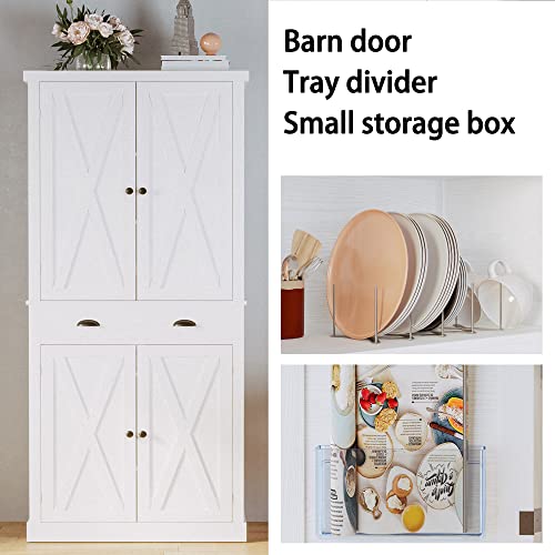 IRONCK Kitchen Pantry Storage Cabinet 72.6" H, with Barn Doors, Drawer, 4 Adjustable Shelves, Freestanding Cupboard for Dining Room Living Room, Laundry, White