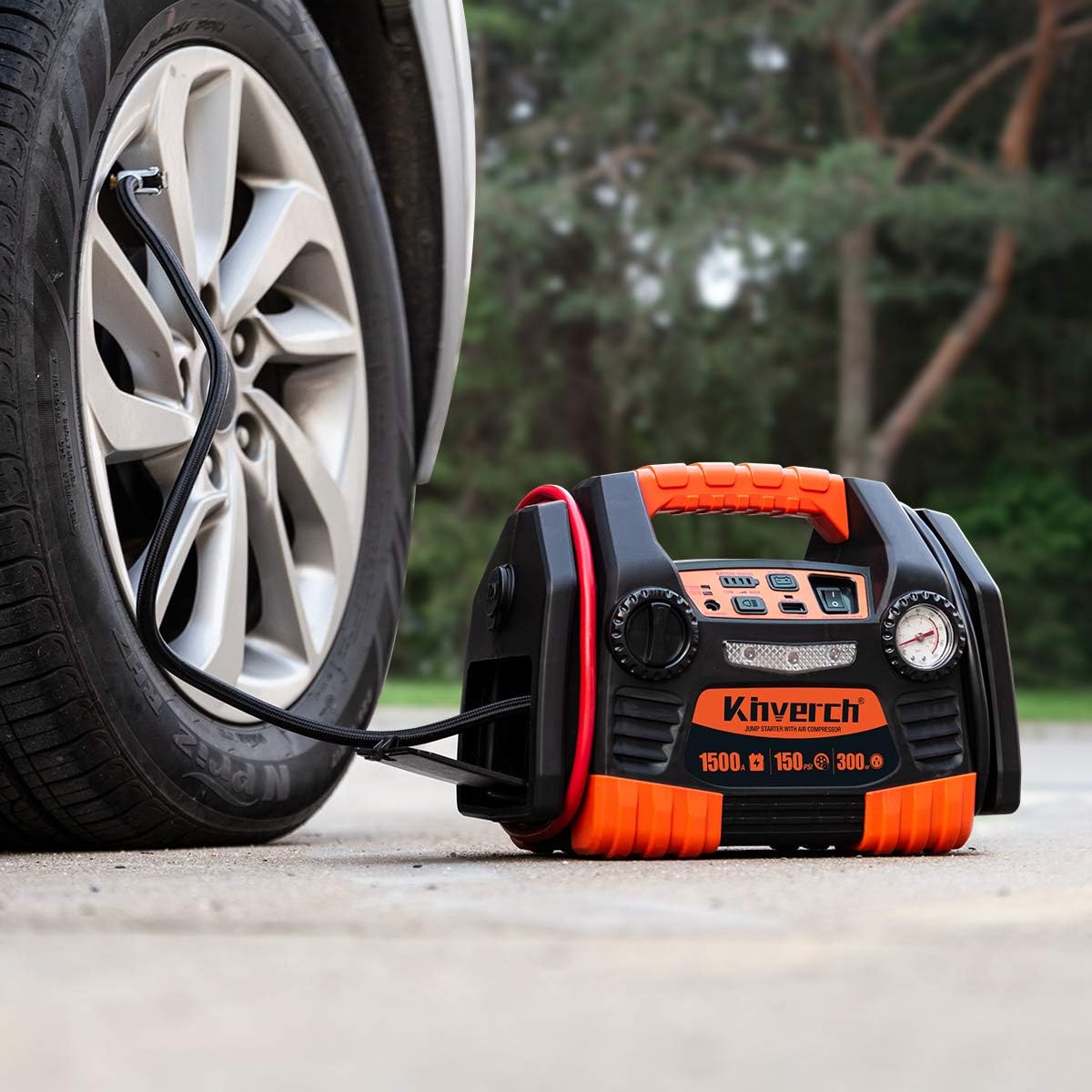 Kinverch Portable Car Jump Starter 1000 Peak Amp 12-Volt with 1-USB 1-12V Power Ports & 150 PSI Air Compressor