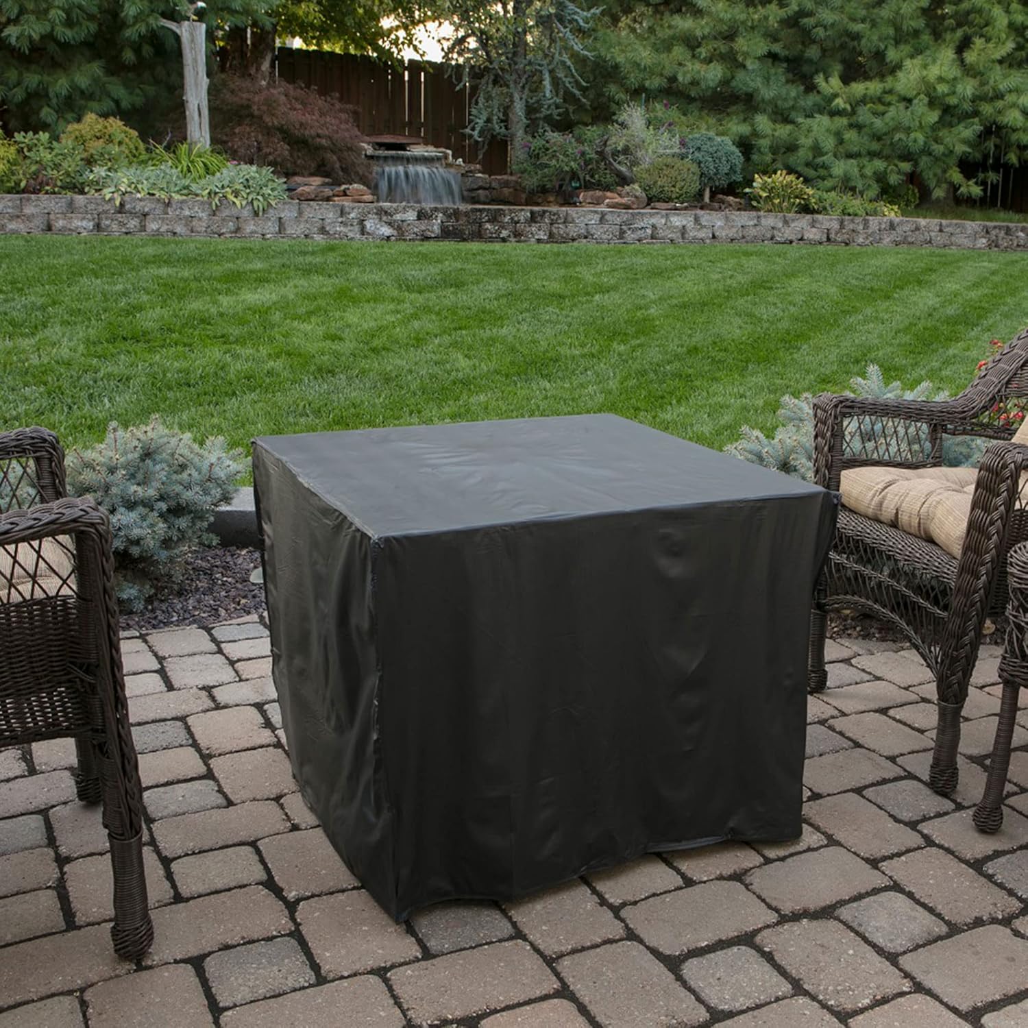Endless Summer 30 Inch Square 30,000 BTU LP Gas Outdoor Fire Pit Table with Mosaic Resin Mantel, Steel Wicker Design Base, and Lava Rock, Black