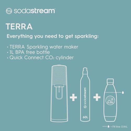 SodaStream Terra Sparkling Water Maker, Sparkling Water Machine & 1L Fizzy Water Bottle, Retro Drinks Maker w. BPA-Free Water Bottle & Quick Connect Co2 Gas Bottle for Home Carbonated Water - White