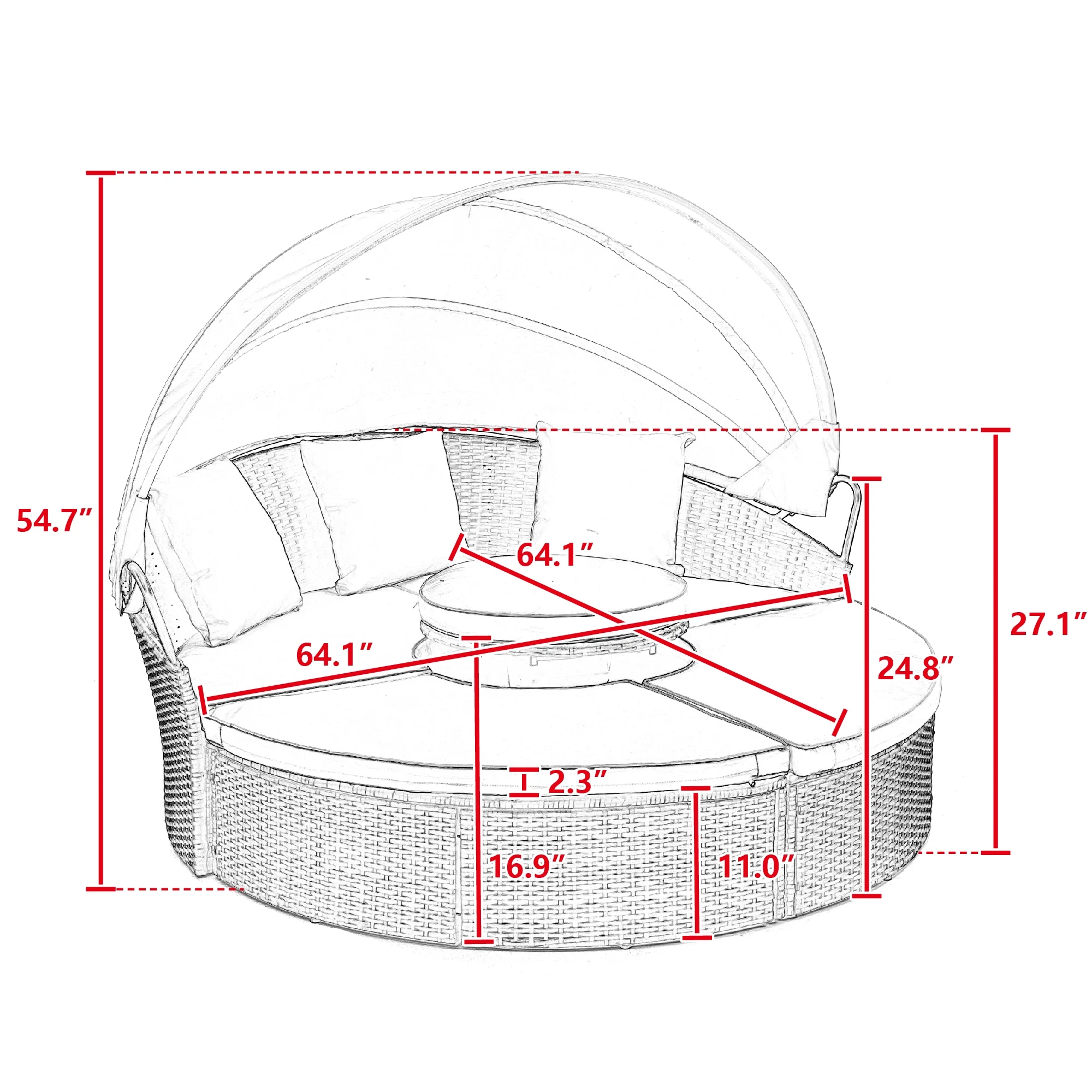 SZLIZCCC Outdoor Patio Daybed with Retractable Canopy, Rattan KD Wicker Daybed Outdoor with Lift Coffee Table, Round Patio Furniture Patio Bed for Lawn Garden Backyard Porch Pool