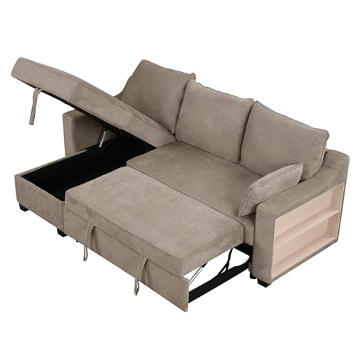 90" Pull Out Sleeper Sofa for Living Room, L-Shaped Couch Convertible Sofa Bed with Storage Chaise, Storage Racks and USB Ports, Space-Saving Design (Light Brown)