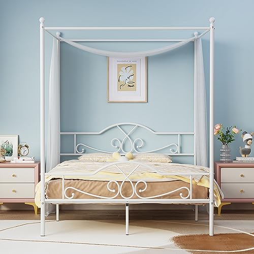 Weehom Full Canopy Bed Frame with Headboard and Footboard, Four-Poster Metal Canopied Platform Bed Mattress Foundation Underbed Storage Space No Box Spring Needed for Girls Adults Pink