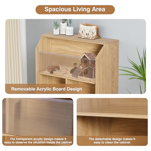 Large Hamster Cage with Storage Cabinet, 3-Tier Small Animals Cages Habitats, Animal House with Openable Top and Easy View Acrylic Panels for Rat, Guinea Pig, Hedgehog, Gerbil (Natural)