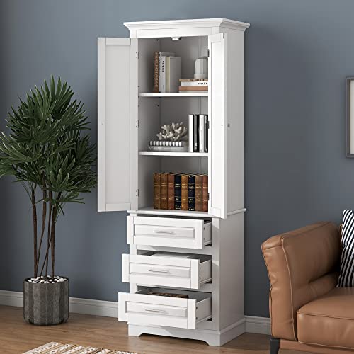 Tall Bathroom Storage Cabinet with 2 Door, Freestanding Floor Cabinet with 3 Drawers and Adjustable Shelves, Large White Linen Cabinet for Bathroom, Kitchen, Living Room
