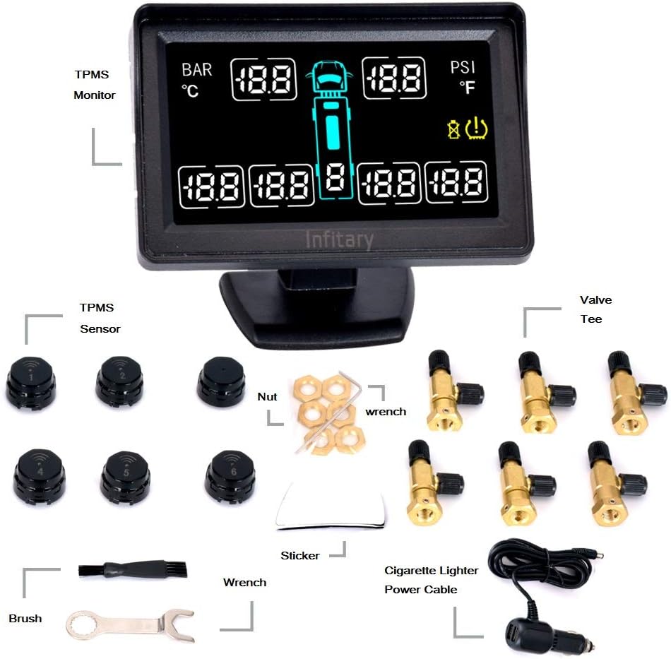 INFITARY RV TPMS Tire Pressure Monitoring System Truck Trailer Real Time Monitor Tire Pressure Temperature Air Leakage Battery Auto Alarm 6 Anti-Theft External Cap Sensor for 4-6 Tires' Car Pickup Tow