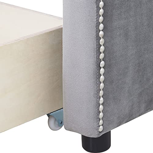 Twin Daybed with Storage - Upholstered Daybed with 2 Drawers and Arched Frame Design, Velvet Daybed with Horizontal Tufting and Nailhead Trim Detail, Storage Daybed for Bedroom (Gray)