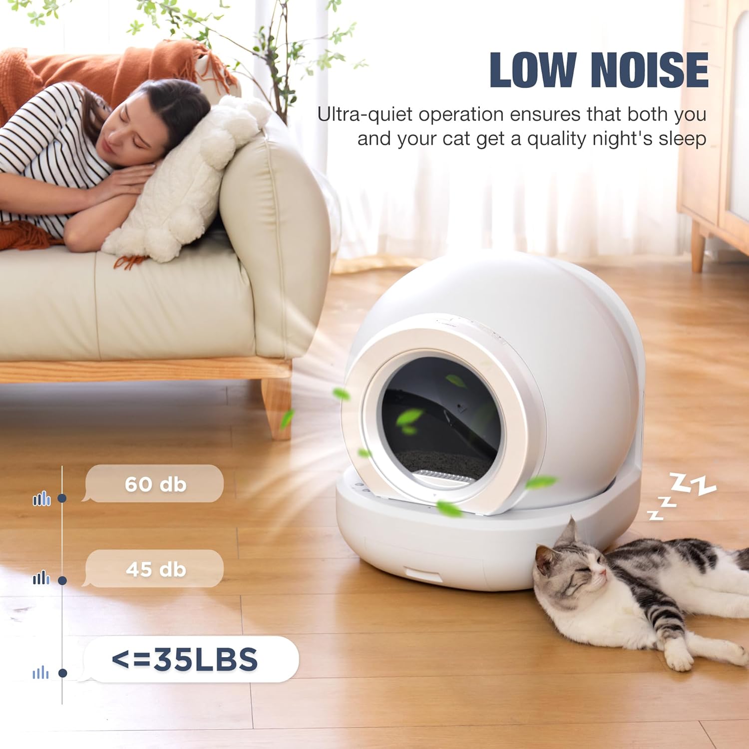 Self Cleaning Litter Box，Large Capacity Automatic Cat Litter Box for Multi Cats, APP Control/Safety/Low Noise/Easy to Use Fully Litter Box，Anti Pinch Kitty Litter Box (Pure White)