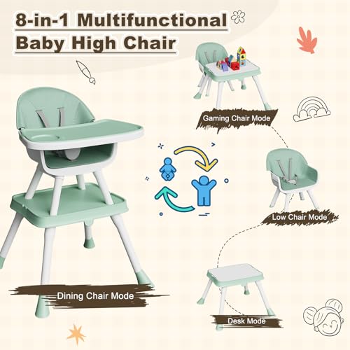 8 in 1 Baby High Chair,Convertible Highchair for Babies and Toddlers with Double Removable Dishwasher Tray,Safety Harness and Detachable PU Cushion,Grows with Baby