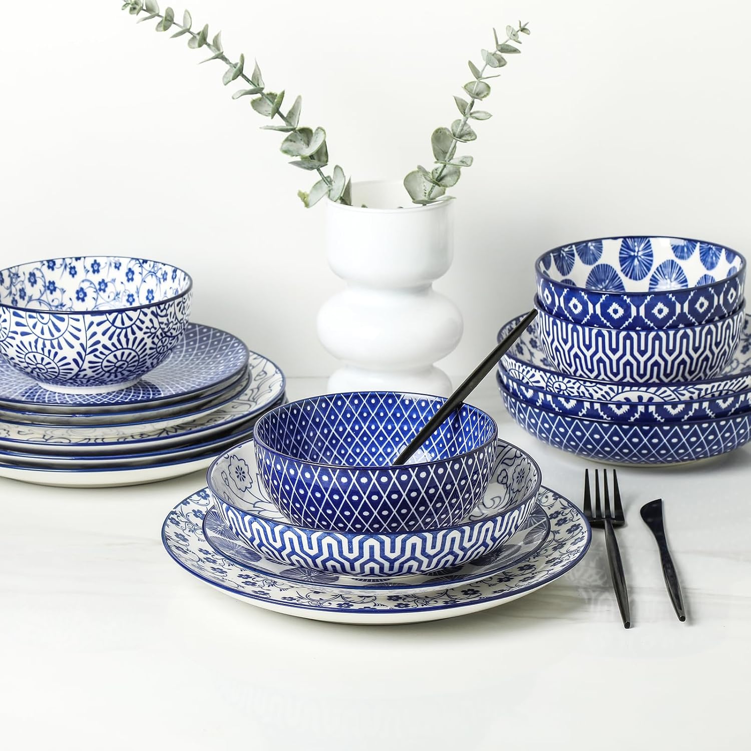 Selamica Ceramic 16 Pieces Dinnerware Set for 4 + 8 Inch Rectangular Salad Plates, Vintage Blue