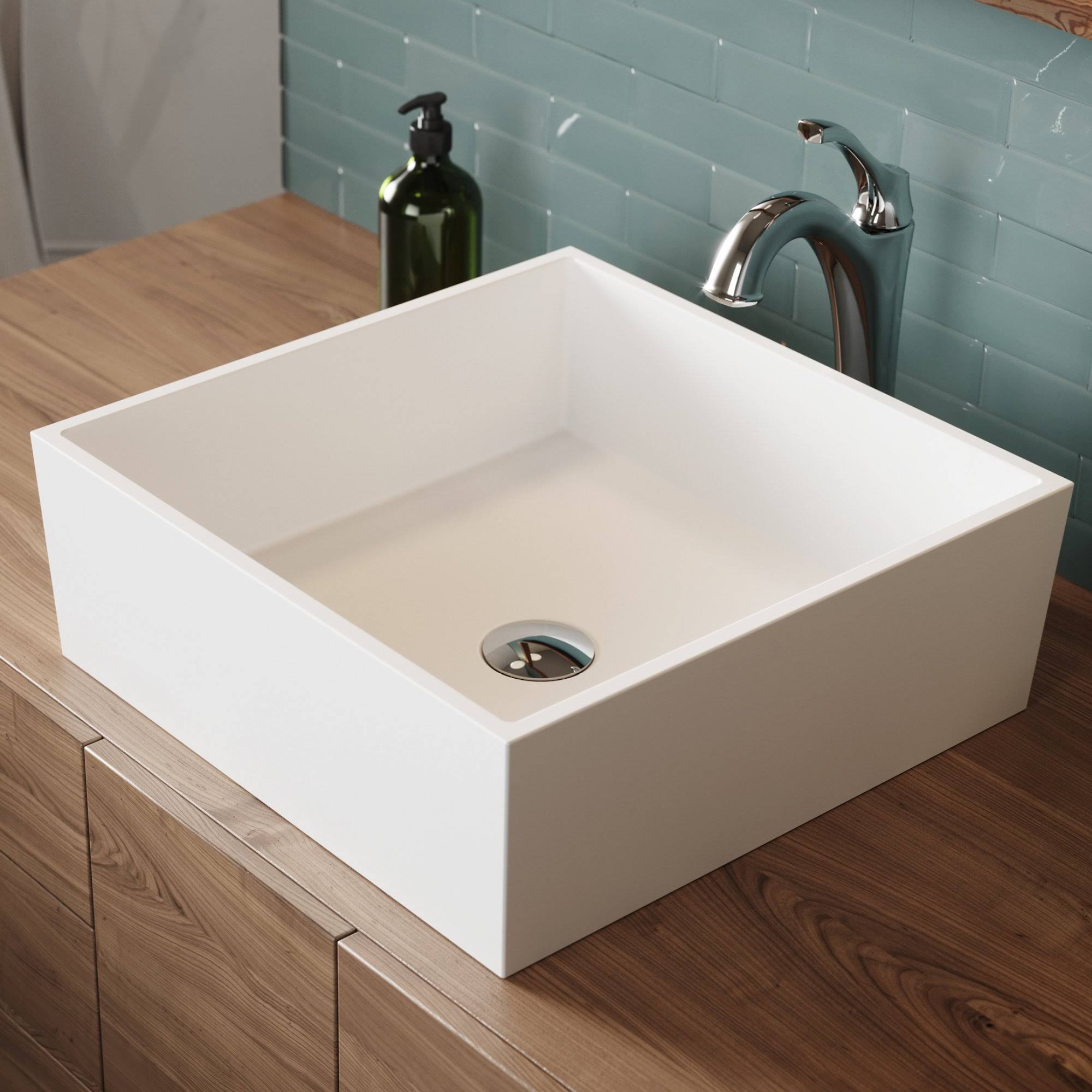 Kraus C-KSV-5MW-1200SFS Natura Series 16 4/5x22 White Matte Solid Surface Square Bathroom Vessel Sink and Spot Free Arlo Faucet