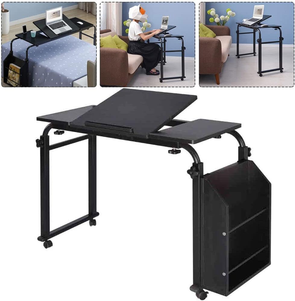 Cross-Bed Stretchable Overbed Tables,Laptop Desk with Wheels,Bed Tables Adjustable Height and Length Over The Bed,with Adjustable tilt Table top and Storage Storage