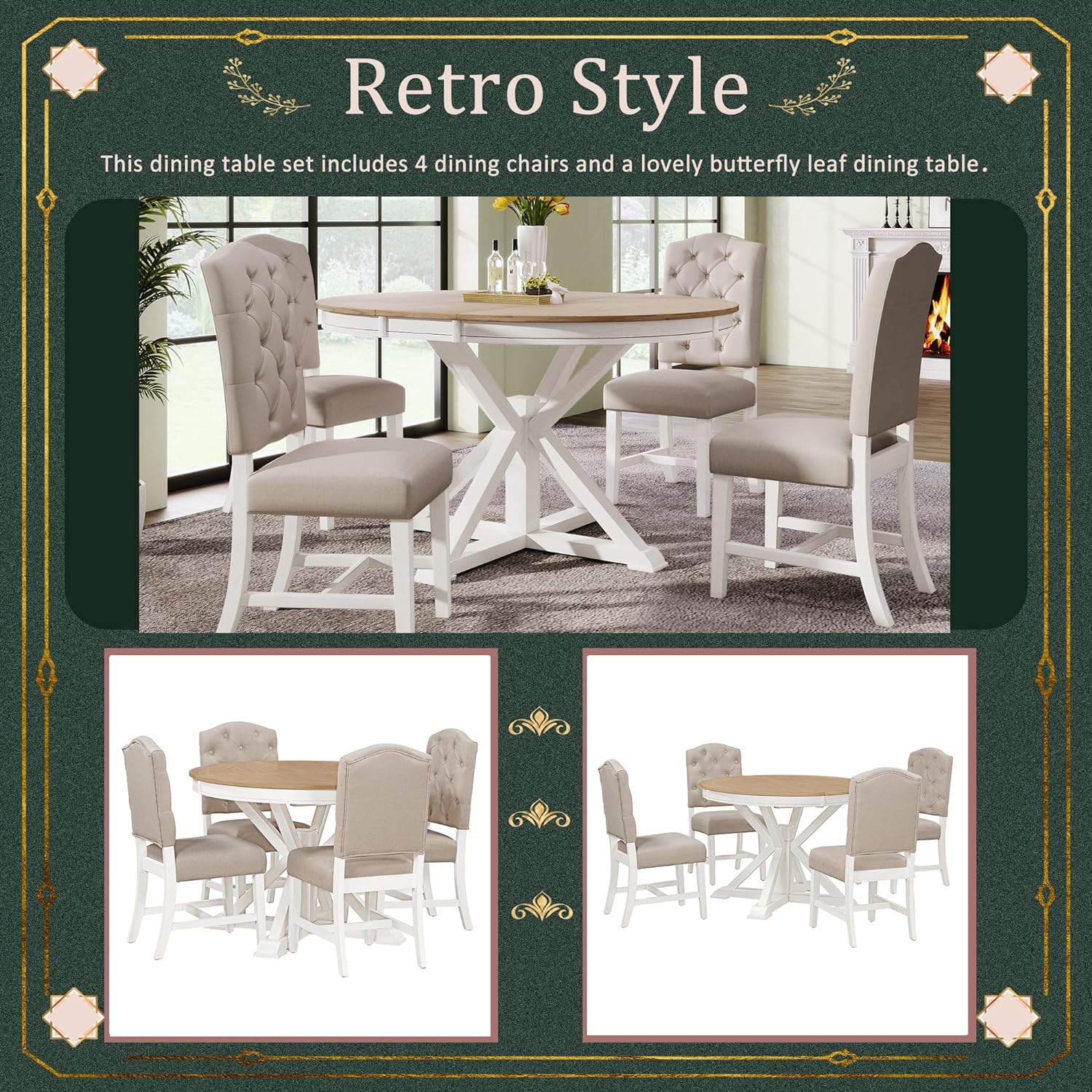 Functional Furniture Retro Style Extendable 4 Upholstered Chairs, Living Room, Oak Natural Wood + Off White, 5 Piece Dining Table Set