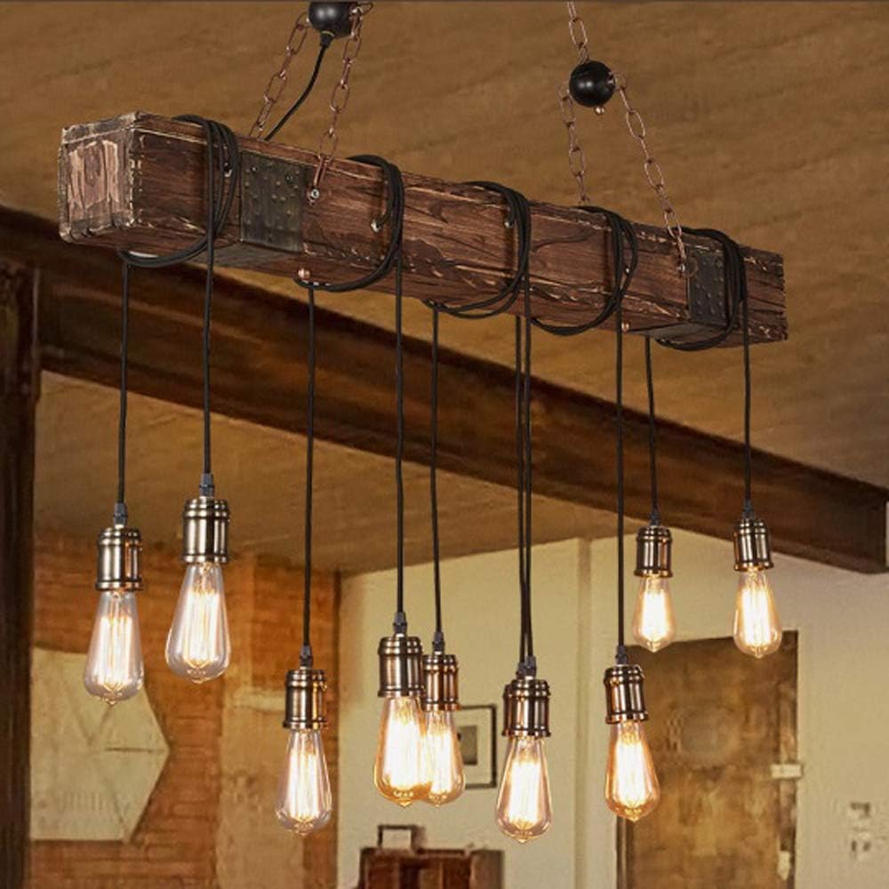 Rustic Industrial 10 Light 46in Chandelier Farmhouse Kitchen Island Lighting Mason Jar Chandelier Linear Chandelier Retro Wood Pendant Light Dining Room Bar Pool Table (Bulb is Not Included)