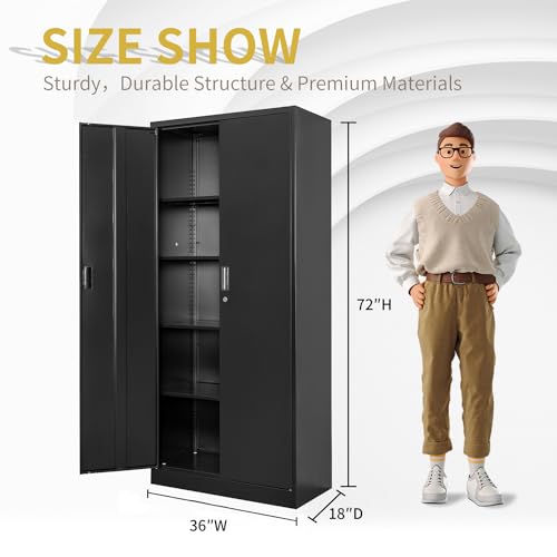 Metal Storage Cabinet, 72" Lockable Garage Tool Cabinet with Doors and Shelves, Tall Steel Cabinet for Garage, Locking Storage Cabinet for Home, Office, Garage, Gym, School（White）