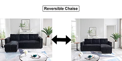 JULYFOX Black Sectional Sofa with Storage Chaise, Mid Century Modern Reversible L-Shaped Sleeper Sectional Sofa Bed Button Tufted Copper Nail Head Trim 90 inch Wide for Living Room Office
