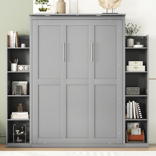 CITYLIGHT Full Size Murphy Bed with Storage Shelves and LED Lights, Easy Fold Wood Wall Bed, Space-saving Murphy Bed Cabinet for Guest Room Home Office, Grey