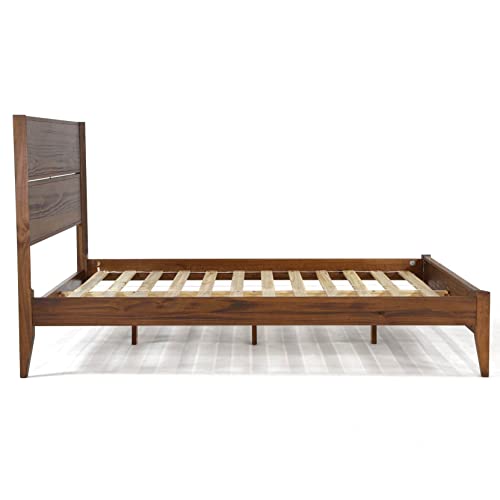 Mid Century Solid Wood Platform Bed, Queen Size, Brushed Walnut