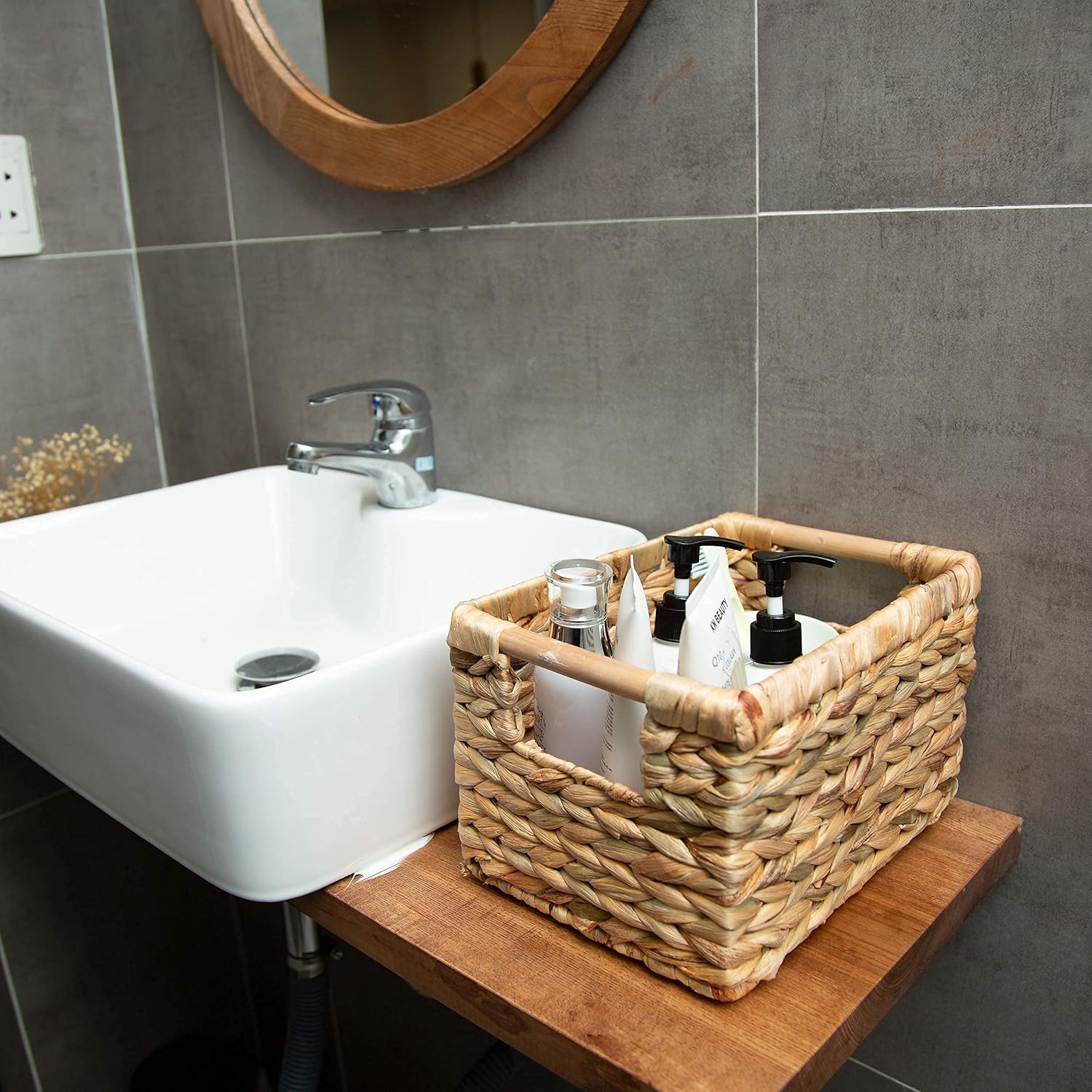 VATIMA Large Wicker Basket Rectangular with Wooden Handles for Shelves, Water Hyacinth Basket Storage, Natural Baskets for Organizing, Wicker Baskets for Storage 14.5 x 10.3 x 7.2 inches