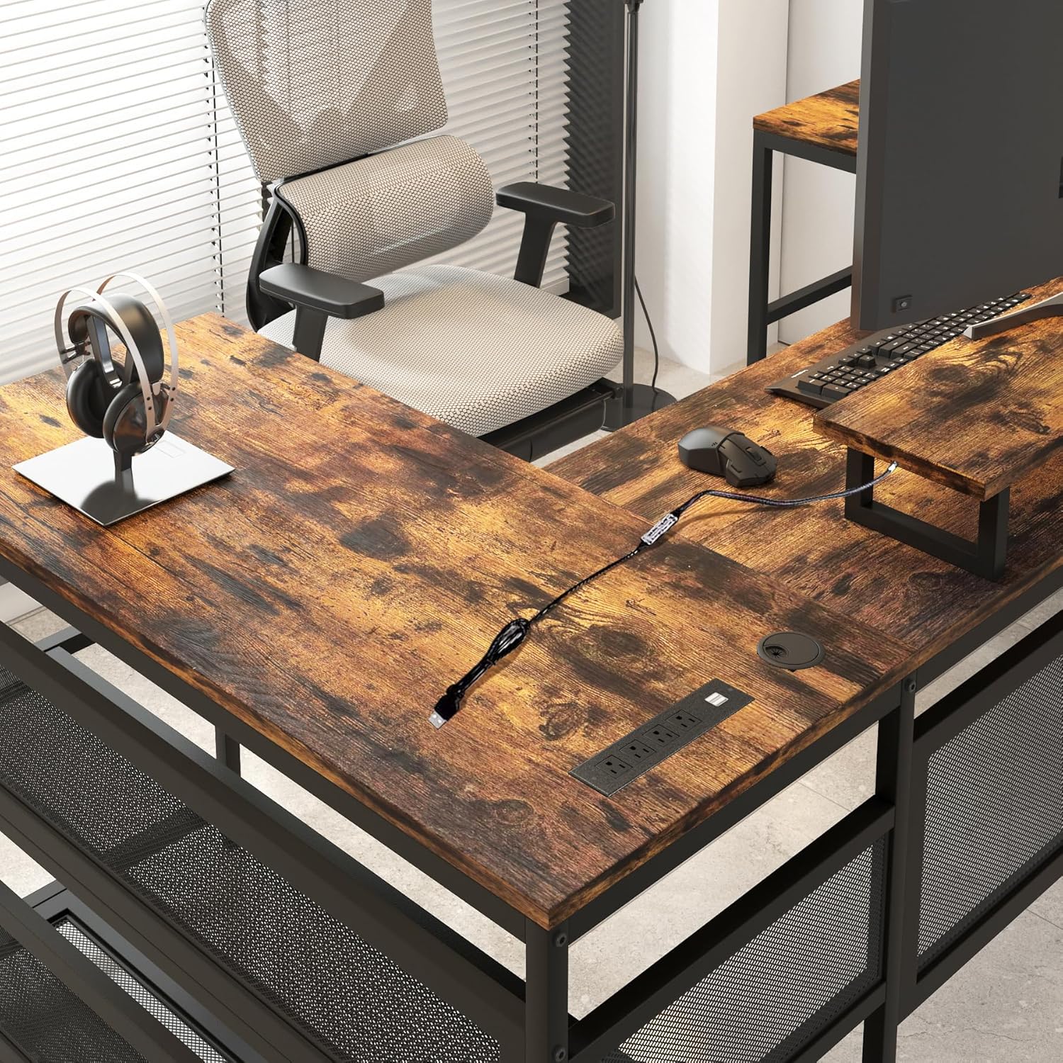 U-Shaped Desk with Shelve and LED Lights
